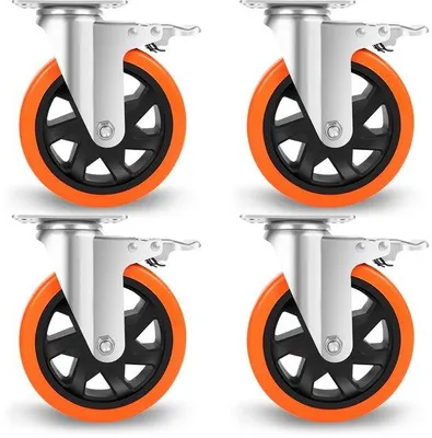 Image de Ensemble de 4 roulettes pivotantes en polyuréthane - Roulettes pivotantes de 15 cm (6 pouces) avec frein - Pour des charges élevées jusqu'à 1080 kg (2400 lbs) - Stables et durables - Idéales pour le transport
