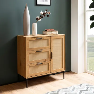 Image de CommodeReproduction chêne 80 cm Sideboard avec 3 tiroirs & 1 porte en rotin tressé viennois Design Highboard - Commode à tiroirs