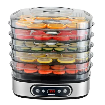Produktbild von Heinner FreshDehydrate Dörrautomat für Obst & Gemüse, 320–380 W, 5 Edelstahl-Dörrschalen, LED-Display, Edelstahl