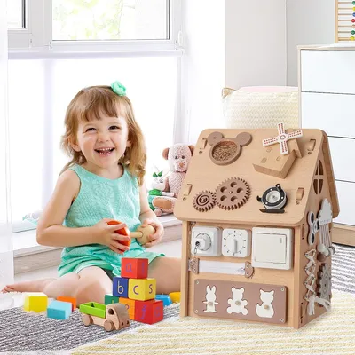 Produktbild von COSTWAY Detský drevený domček na hranie, senzorický domček na hranie so senzorickými hrami a úložným priestorom vo vnútri, darčeková hračka Montessori pre chlapcov a dievčatá vo veku 3+