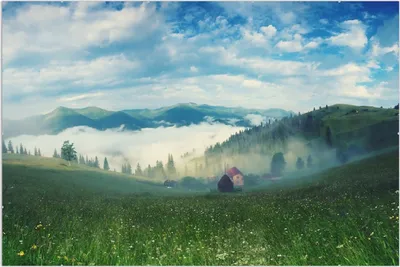 Produktbild von Wallario Wandbild Morgennebel zwischen Berghängen, Größe: 61 x 91,5 cm, Poster mit rahmenlosen Bildhalter