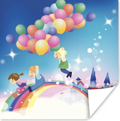 Produktbild von MuchoWow® Poster Eine Illustration eines Mädchens mit Luftballons in Regenbogenfarben 50x50 cm - Wohnzimmerdekoration