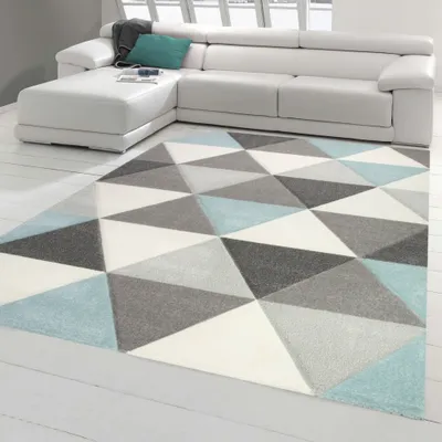 Produktbild von Teppich Wohnzimmer Teppich Design mit Dreieck Muster in Blau Grau Creme Größe - 80 x 150 cm