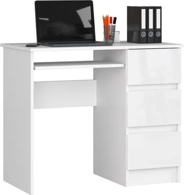 Produktbild von 3xEliving LYNNA SCHREIBTISCH A6 RECHTS WEISS / WEISS Hochglanz Kleiner Schreibtisch mit 4 Schubladen rechts, Maße: Höhe: 77 cm, Breite: 90 cm, Tiefe: 50 cm