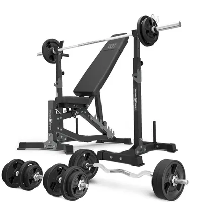 Immagine prodotto di Marbo Sport - Set MS30_2.0_113KG_G | Panca pesi regolabile su entrambi i lati + portapesi (2 pezzi) con fermo di sicurezza + barra gommata e set di piastre pesi 113 kg