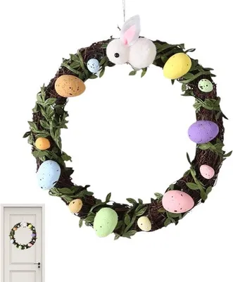 Produktbild von Farbige Ostern-Kranz mit Füllfederchen-Eiern und künstlichen Früchten für Tür und Wanddekoration - 24 cm Einladungskranz für Zuhause