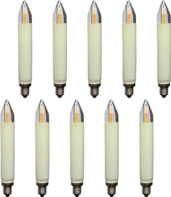 A top-down view of ten LED filament candle bulbs arranged in two rows on a white background.