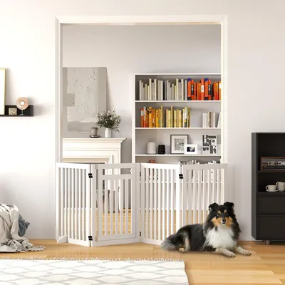 Produktbild von Absperrgitter Hund freistehend faltbar mit Tür, Hundegitter 4 Paneele, MDF, Weiß | 240 cm breit | 81 cm hoch | 12 kg
