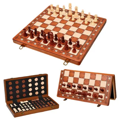 Produktbild von Magnetisches Schach- und Damespiel aus Holz, 2-in-1 klappbares Brettspiel, tragbares Reisespiel für Familie, Kinder & Erwachsene