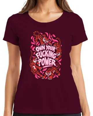Immagine prodotto di Maglietta da donna, taglia XL, colore bordeaux, con scritta "Tiger Raubkatze" e motivazionale, che esprime forza e determinazione femminile