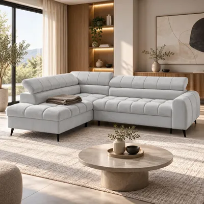 Produktbild von Beautysofa Ecksofa VINNI L-Form Ecksofa mit Schlaffunktion und Bettkasten – 265 cm – Chenille Hellgrau – Ottomane links