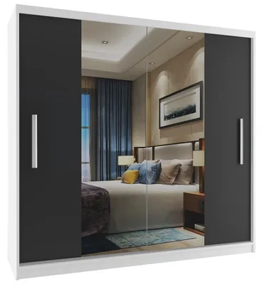 Image de BELINI Verona ME, armoire coulissante de 200 cm, blanc/noir mat - Armoire avec miroir et penderie, idéale pour la chambre