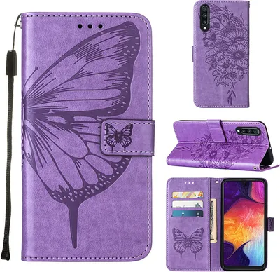 Produktbild von Galaxy A50 Hülle, Schmetterling Prägung Flip Leder Kartenfächer Schutzhülle Ledertasche mit Ständer für Samsung Galaxy A50 / A30S / A50S Violett