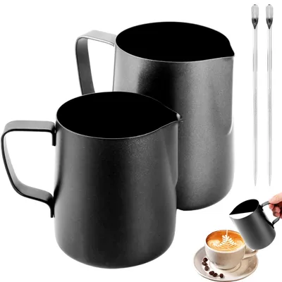 Milchkännchen-Set Edelstahl schwarz 600+350 ml mit Latte-Art-Stift