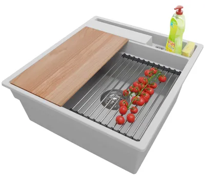 Produktbild von PRIMAGRAN Spülbecken Grau 48x53cm, Granitspüle 1 Becken + Ablauf-Set + Küchenzubehörset, Küchenspüle ab 50er Unterschrank - Oslo Pocket
