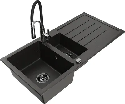 Produktbild von Mexen Andres 1,5-Becken-Granitspüle mit Abtropffläche und Mischbatterie Aster, Schwarz/Gold metallisch - 6515-75-73450-07-B