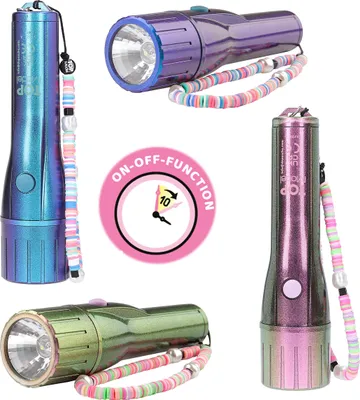 A collage of four different colored flashlights, each with a beaded wrist strap, and a circular graphic indicating an on-off function with a timer.