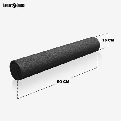 A black foam roller with dimensions indicated by dashed lines and text labels.