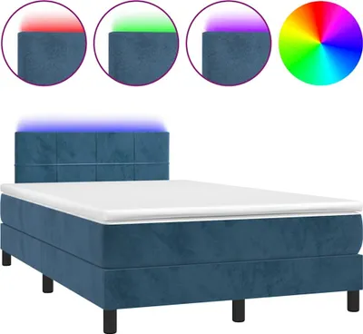 Imagen del producto de Cama con somier y colchón, con iluminación LED, color azul oscuro, 120x190 cm, tapizada en terciopelo