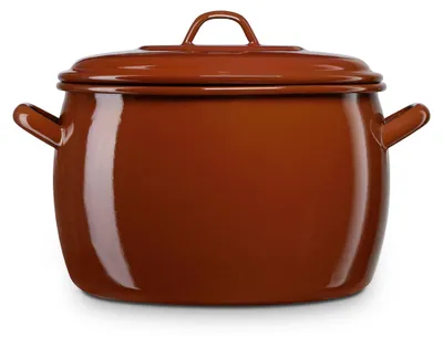 A brown enamel pot with a lid and handles, shown from the front on a white background.