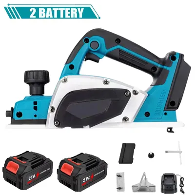 Image de Rabot électrique - Rabot à bois sans fil - 15000 tours par minute - Profondeur de coupe réglable de 0 à 2 mm - 2 batteries - Pour travaux sur bois