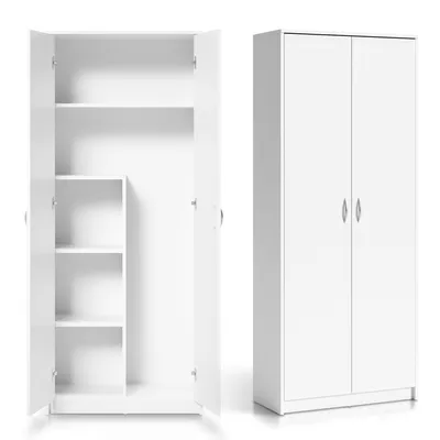Produktbild von Mehrzweckschrank Haushaltsschrank Besenschrank weiß 74cm Breite 180cm Höhe mit Einlegeböden und Extra-Fach, Schrank Organizer aus MDF Holz, großes Staubsauger-Fach