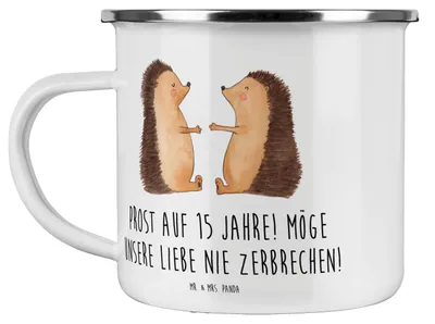Produktbild von Mr. & Mrs. Panda Teetasse 15. Hochzeitstag Gläserne Hochzeit - Weiß - Geschenk, Heiraten, Pott, Zweisamkeit, Liebe, Geschenke, Teebecher, Jubliäum, Emaille Tasse, Heirat