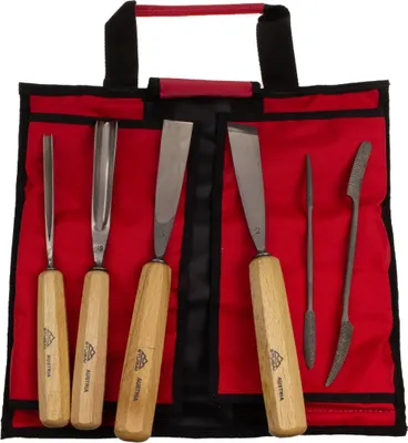 Produktbild von STUBAI Schnitzeisen- & Riffelraspelsatz Nr. 2 | 6-tlg. Set mit Gaißfuß 6 mm, Hohleisen 16 mm, Flacheisen 25 mm, Balleisen 25 mm, Riffelraspel Nr. 4 & Nr. 7 | Schnitzwerkzeug in Rolltasche