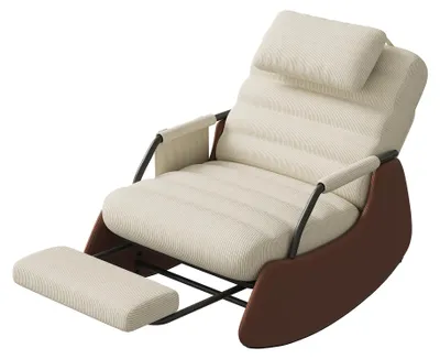 Immagine prodotto di Sedia a dondolo UnboxG regolabile in 3 posizioni, poltrona relax con poggiapiedi e poggiatesta, tessuto in velluto a coste, imbottitura in schiuma ad alta densità, braccioli in PU, beige/marrone