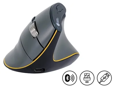 Produktbild von BakkerElkhuizen FastForward mouse, Rechts, Vertikale Ausführung, Optisch, RF Wireless + Bluetooth + USB Type-C, 500 DPI, Grau