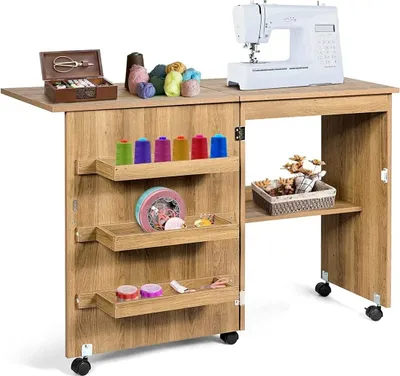Produktbild von Nähtisch klappbar, Nähschrank auf Rollen, Nähmaschinentisch Holz, Mehrzwecktisch für Wohnzimmer Arbeitszimmer Schlafzimmer (Hellbraun)