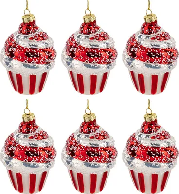 Produktbild von ATMOSPHERA | Weihnachtskugeln - Christbaumkugeln - 6 Stück - rot weiß - Muffin aus Glas - Christbaumschmuck