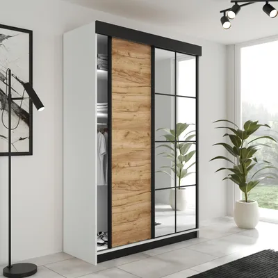 Produktbild von FurMeb24 2-türiger Schiebetürenschrank LAMER 167x205 cm Kleiderschrank mit Spiegel (weiße + goldene Eiche)