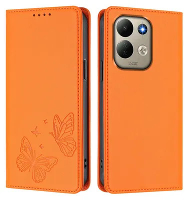 Image de Étui en cuir pour Xiaomi Redmi 17 4G/5G, avec motif papillon, type portefeuille rabattable avec support. Couleur : orange