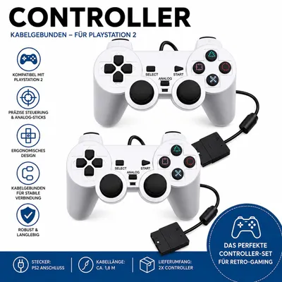 Produktbild von 2x Kabelgebundene Controller kompatibel mit PS2 – Analog Gamepad – Silber, KI-generiertes Bild