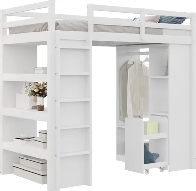 Produktbild von Kinderhochbett,Jugendbett,Einzelbett(Weiß)Mit Mehrstufigen Regalen,Einfachen Kleiderbügeln und Ablagefächern,Mit 1 Herausnehmbaren Organisationswagen