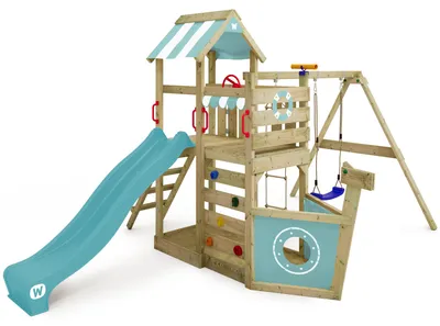 Produktbild von Spielturm Wickey SeaFlyer mit Doppelschaukel und Rutsche, aus Holz, pastellblau