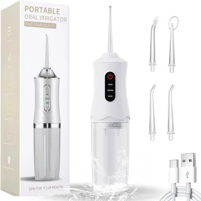 Produktbild von Munddusche Kabellos Wasserdicht, Elektrischer Mundduschen-Flosser, 3 Modi & 4 Düsen, Zahnreinigung für Zwischenräume, Weiß