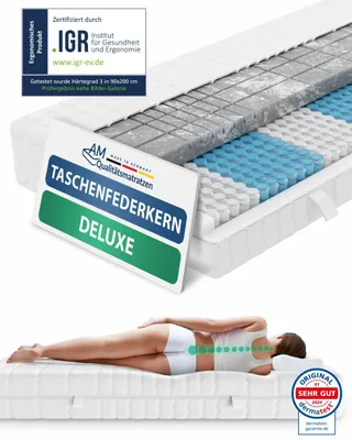 Produktbild von AM Qualitätsmatratzen | 3D Deluxe Taschenfederkernmatratze | 180x200 cm | H3 | 7-Zonen Tonnentaschenfederkernmatratze mit Kaltschaum | 180/200 | Federkernmatratze | Härtegrad H3 | 7 Zonen | 24 cm Höhe
