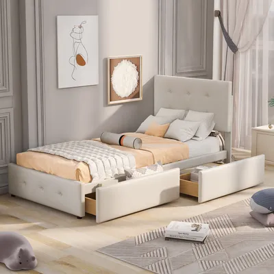 Produktbild von Merax Polsterbett 90x200cm mit höhenverstellbarem Kopfteil, Holzbett Einzelbett mit zwei Schubladen und Lattenrost, Samt Jugendbett Kinderbett, Beige