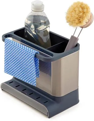 Produktbild von Famanu Aufbewahrungsbox für die Spüle – Spülenorganizer – Abnehmbarer Auffangbehälter – Rutschfest - Grau und Edelstahl