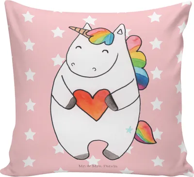 Produktbild von Mr. & Mrs. Panda Sofakissen Einhorn Herz - Rot Pastell - Geschenk, Dekokissen, Lustig, couch kissen, 40x40, Unicorn, Bunt, Deko, kuschelkissen, Einhörner