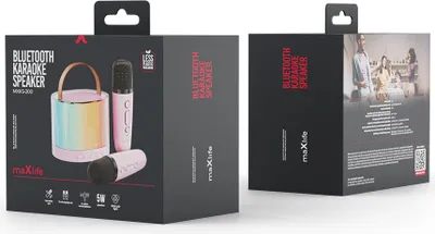 Product packaging for a karaoke speaker set.