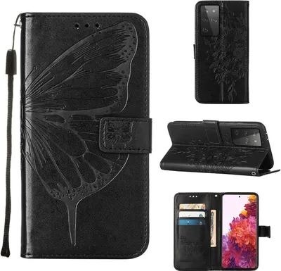 Produktbild von Galaxy S21 Ultra 5G Hülle, Schmetterling Prägung Flip Leder Kartenfächer Schutzhülle Ledertasche mit Ständer für Samsung Galaxy S21 Ultra 5G Schwarz