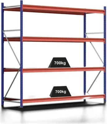 Produktbild von Weitspannregal MOOSE Stecksystem Omega-Profil | Grundregal | HxBxT 250x270x80cm | 4 Ebenen | Spanplatten-Fachboden | Fachlast 700kg | Enzianblau/Reinorange