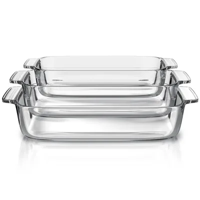 Imagen del producto de Juego de 3 fuentes para horno rectangulares de vidrio de borosilicato, con capacidad de 2000, 2700 y 3800 ml. Incluye asas, son apilables y aptas para lavavajillas, y son transparentes