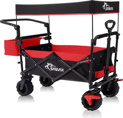 A red and black foldable wagon with a canopy, shown from a front-side angle on a white background.