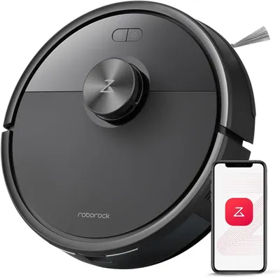 A robotic vacuum cleaner and a smartphone displaying an app icon.