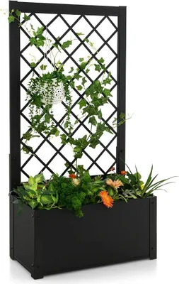 Produktbild von Pflanzkasten mit Rankgitter, Blumenkasten mit Gartenspalier für Kletterpflanzen & Korbpflanzen, Rankkasten Metall, Blumenbeet für Balkon Terrasse, 63 x 31 x 124 cm, Schwarz