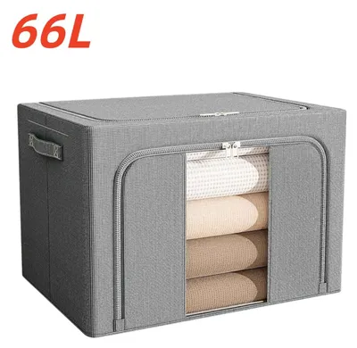Imagen del producto de Caja plegable de almacenamiento de 66 litros para ropa, con estructura de acero reforzada, caja impermeable para guardar ropa, con asas de transporte y cierre con cremallera